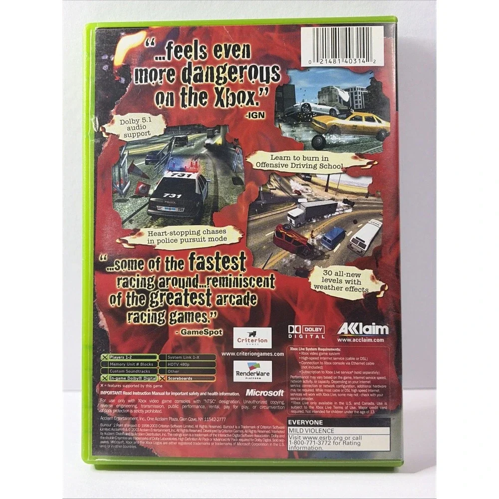 Burnout 2 Point of Impact Developers Cut Microsoft Xbox 2003 CIB Acclaim Racing